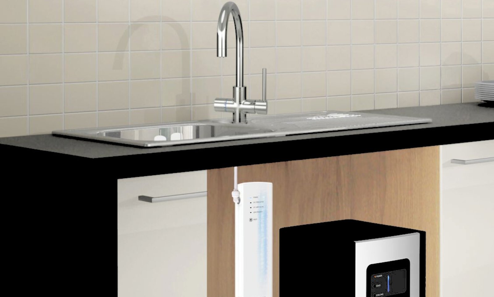 Space-saving under sink water filtration system installed in a modern kitchen.